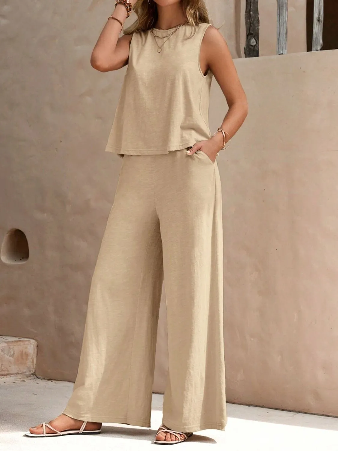Round Neck Sleeveless Top and Wide Leg Pants Set (5 Colors)