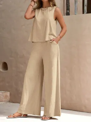 Round Neck Sleeveless Top and Wide Leg Pants Set (5 Colors)