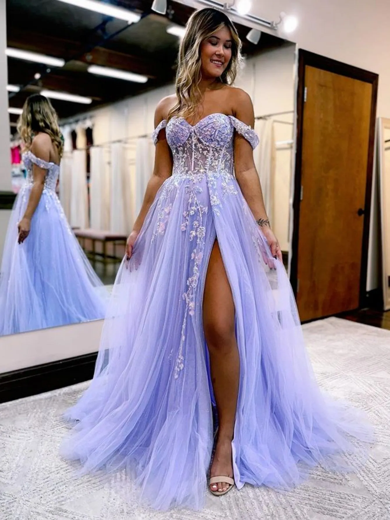 Roycebridal Meadow |A Line Off the Shoulder Lace Tulle Prom Dress With Slit