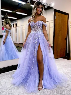 Roycebridal Meadow |A Line Off the Shoulder Lace Tulle Prom Dress With Slit