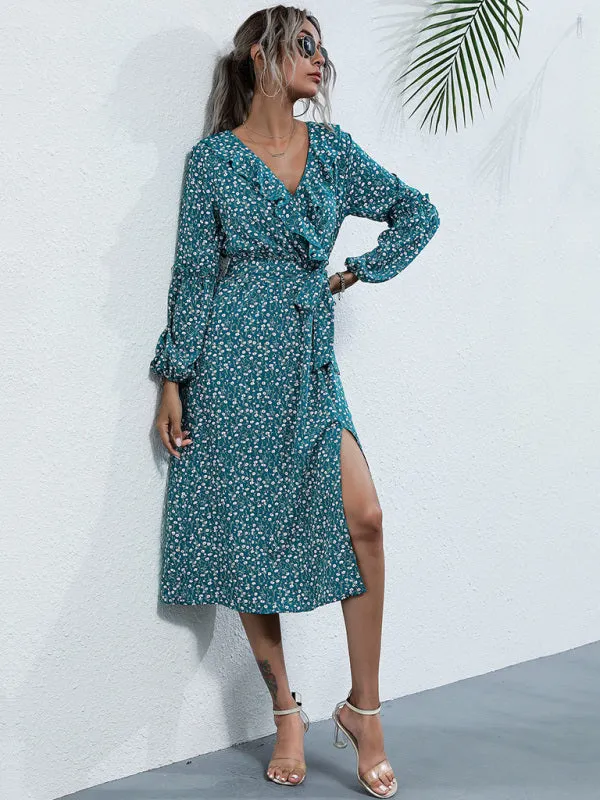 Ruffle Collar Midi Dress with Floral Print and Side Slit