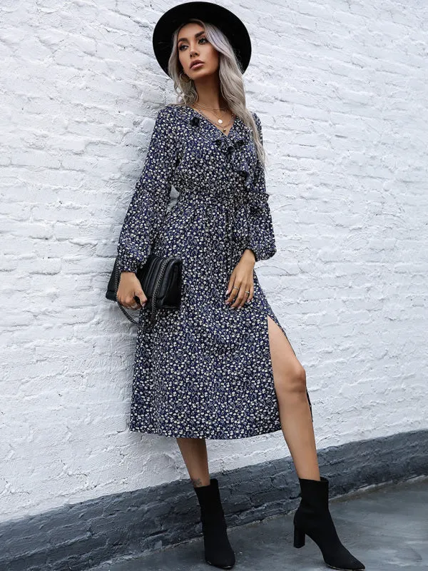 Ruffle Collar Midi Dress with Floral Print and Side Slit
