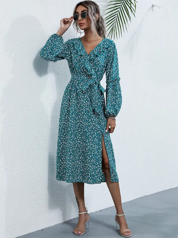 Ruffle Collar Midi Dress with Floral Print and Side Slit