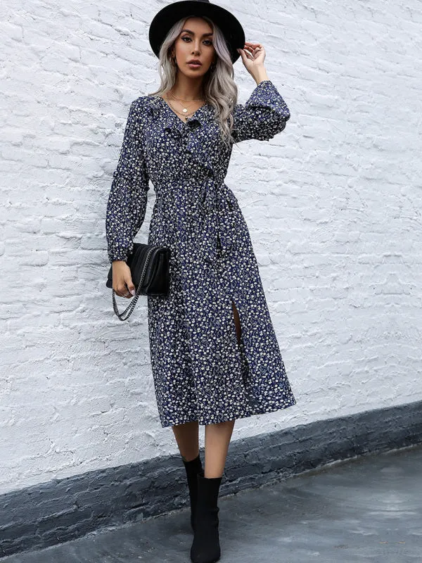 Ruffle Collar Midi Dress with Floral Print and Side Slit