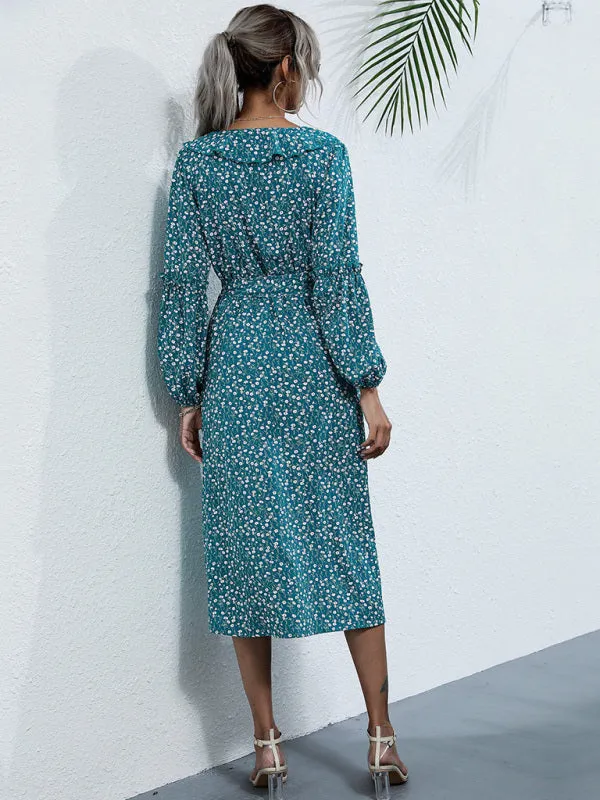 Ruffle Collar Midi Dress with Floral Print and Side Slit