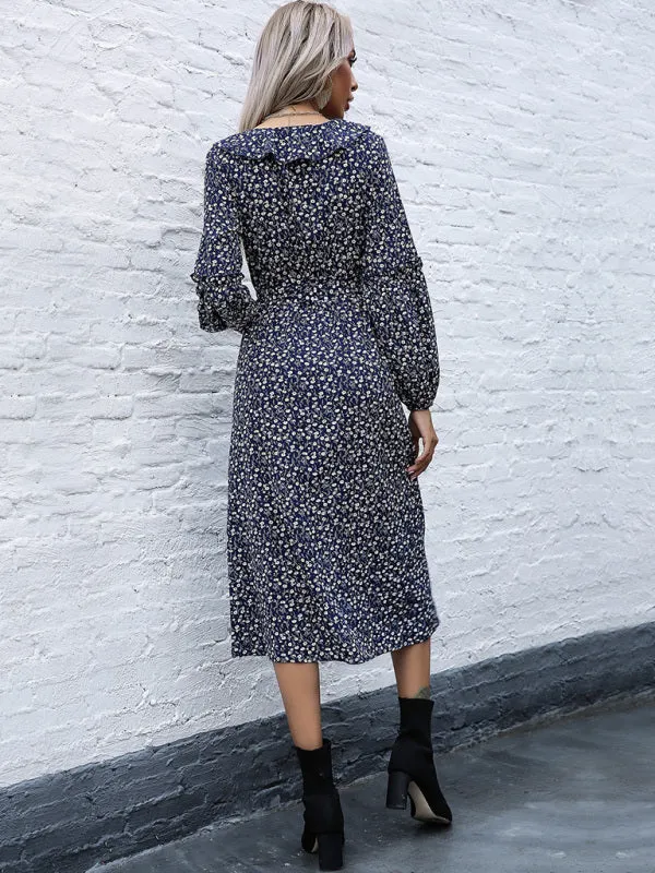 Ruffle Collar Midi Dress with Floral Print and Side Slit