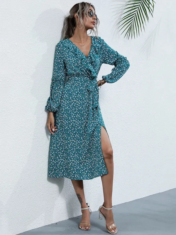 Ruffle Collar Midi Dress with Floral Print and Side Slit