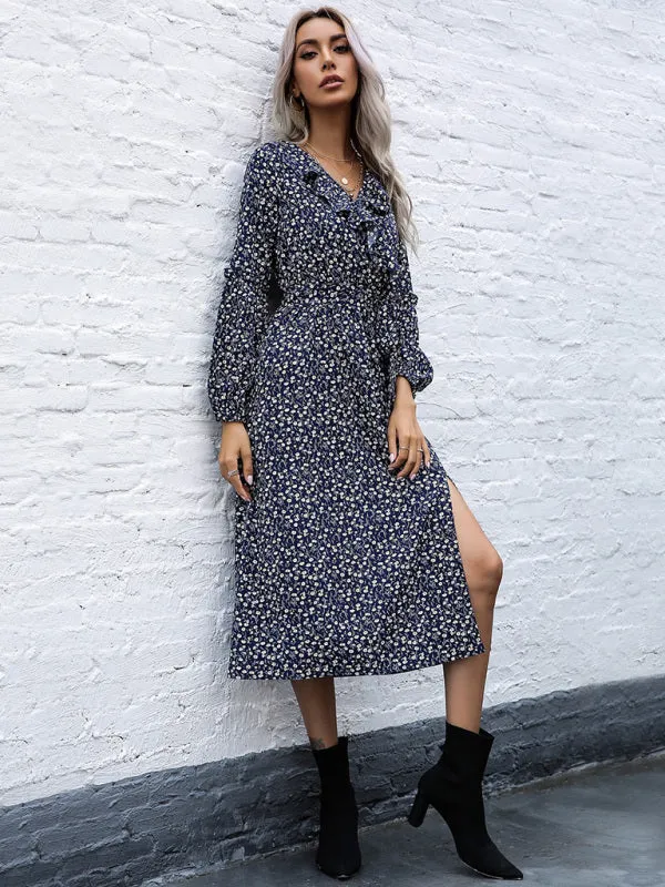 Ruffle Collar Midi Dress with Floral Print and Side Slit