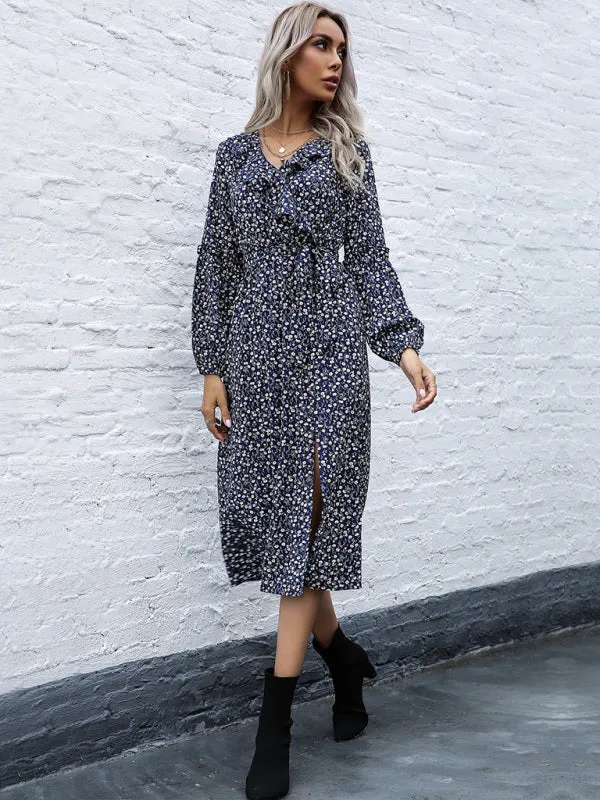 Ruffle Collar Midi Dress with Floral Print and Side Slit
