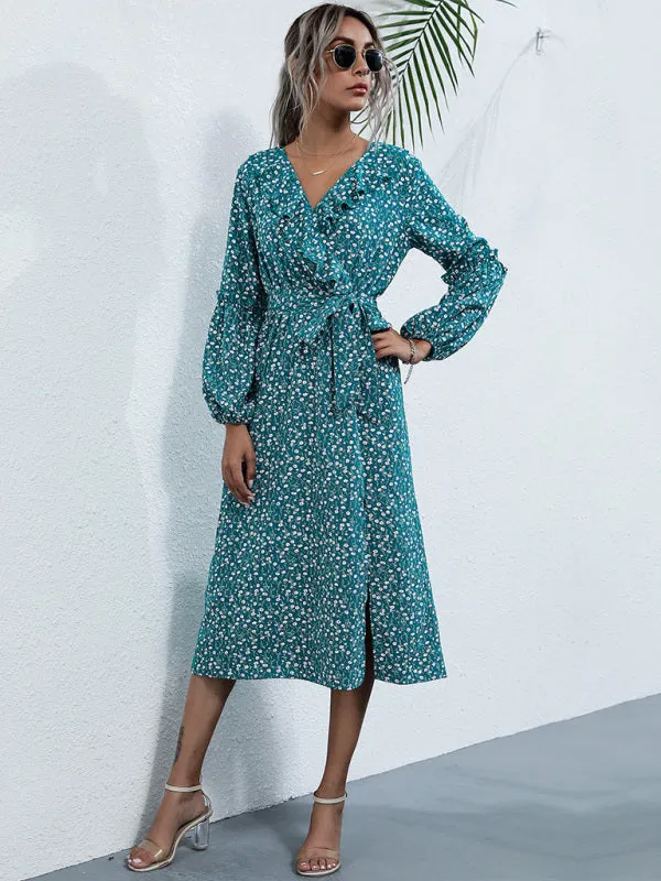 Ruffle Collar Midi Dress with Floral Print and Side Slit