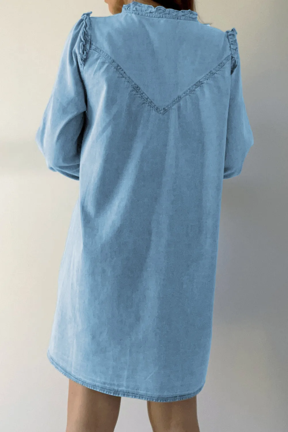 Ruffled V Neck Denim Shift Dress with Button Down Front