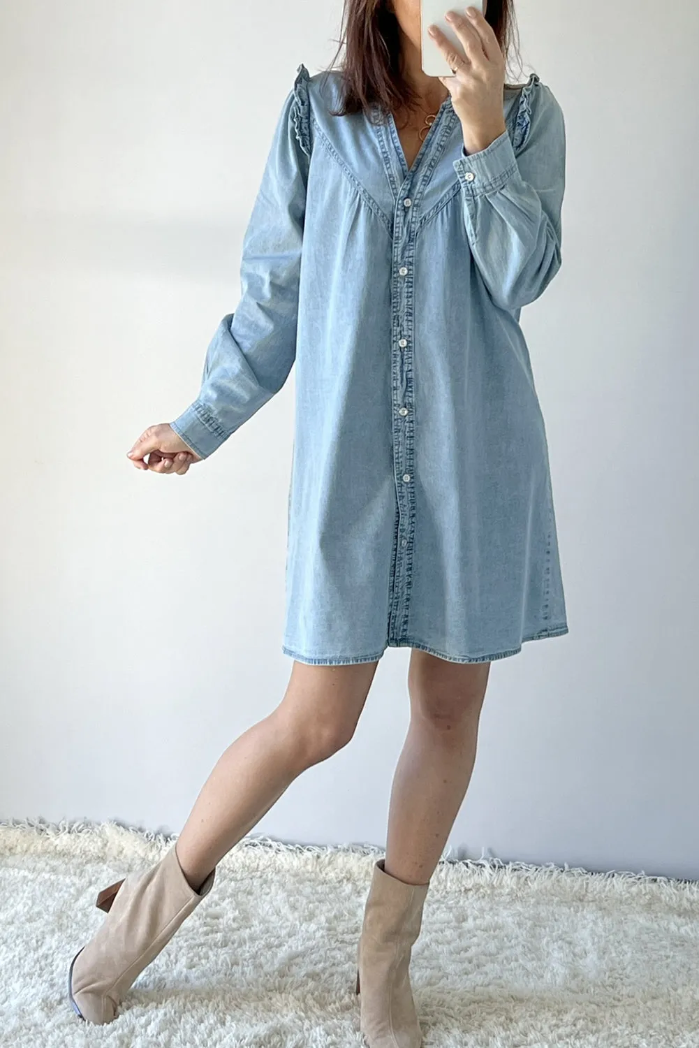 Ruffled V Neck Denim Shift Dress with Button Down Front