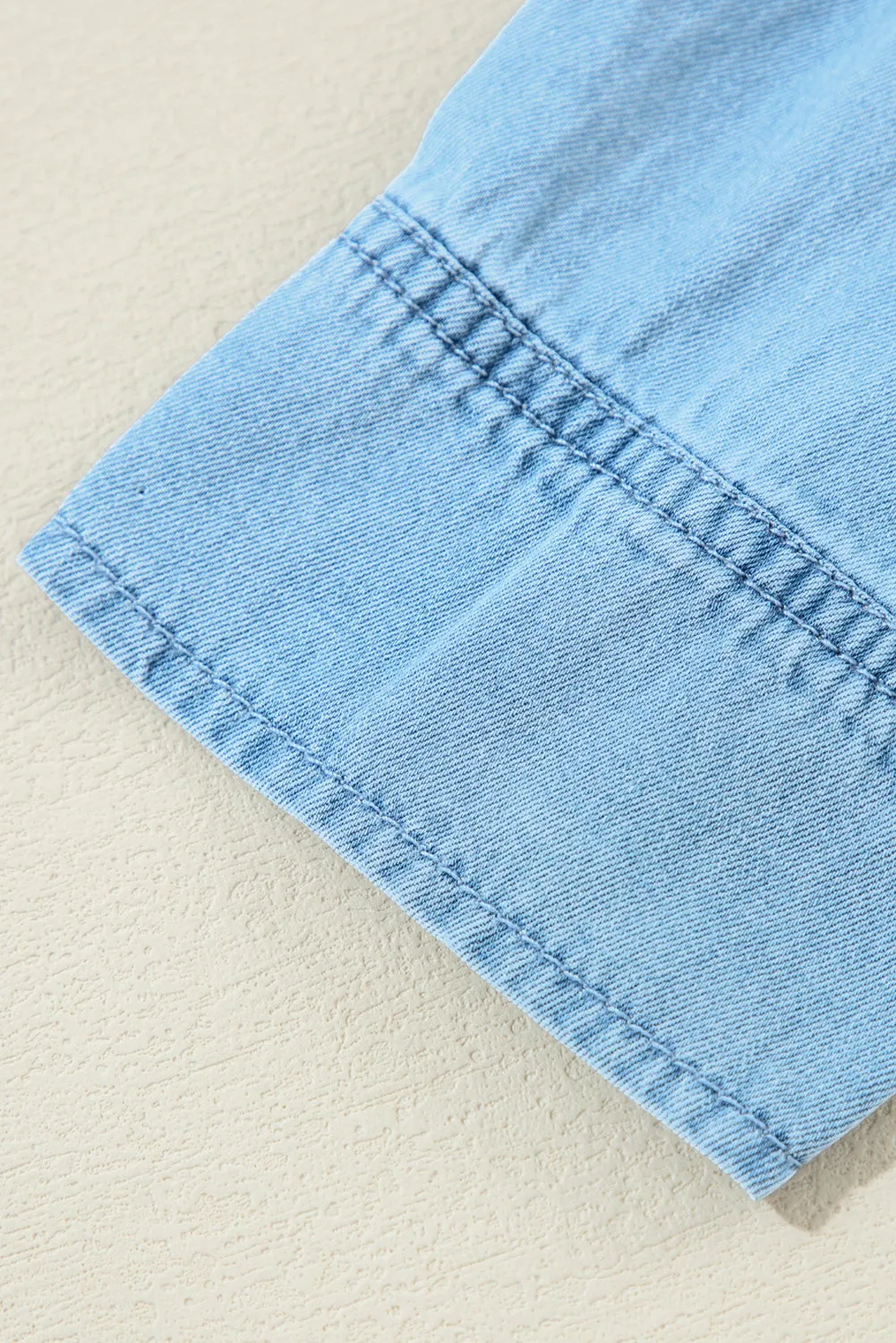Ruffled V Neck Denim Shift Dress with Button Down Front