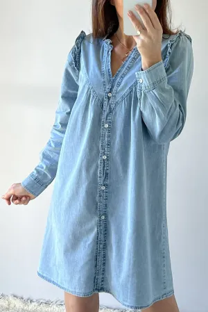 Ruffled V Neck Denim Shift Dress with Button Down Front