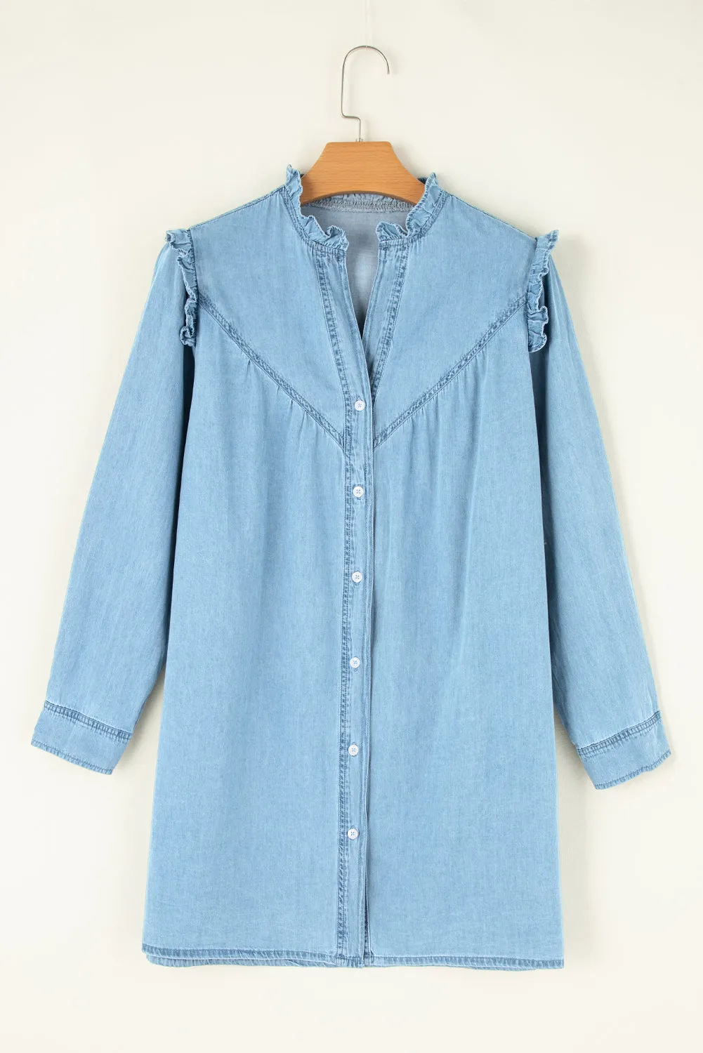 Ruffled V Neck Denim Shift Dress with Button Down Front