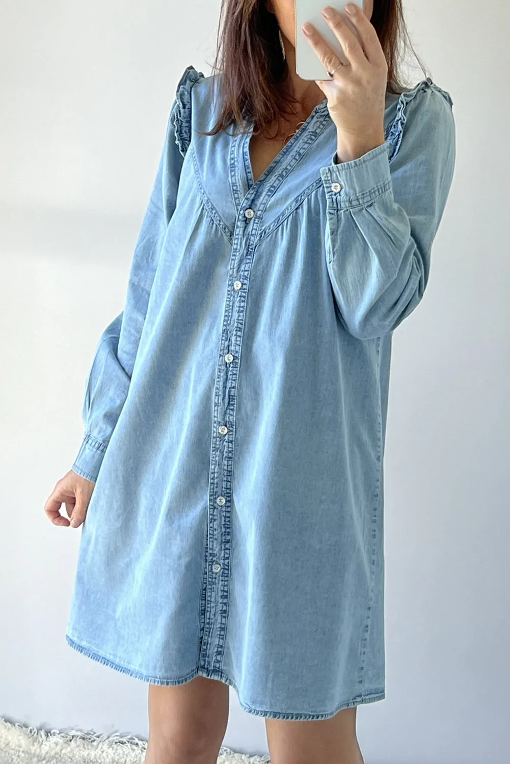 Ruffled V Neck Denim Shift Dress with Button Down Front
