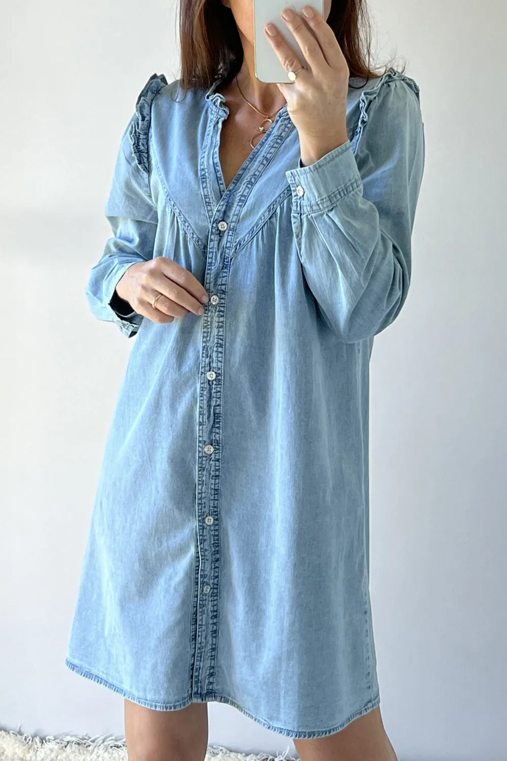 Ruffled V Neck Denim Shift Dress with Button Down Front