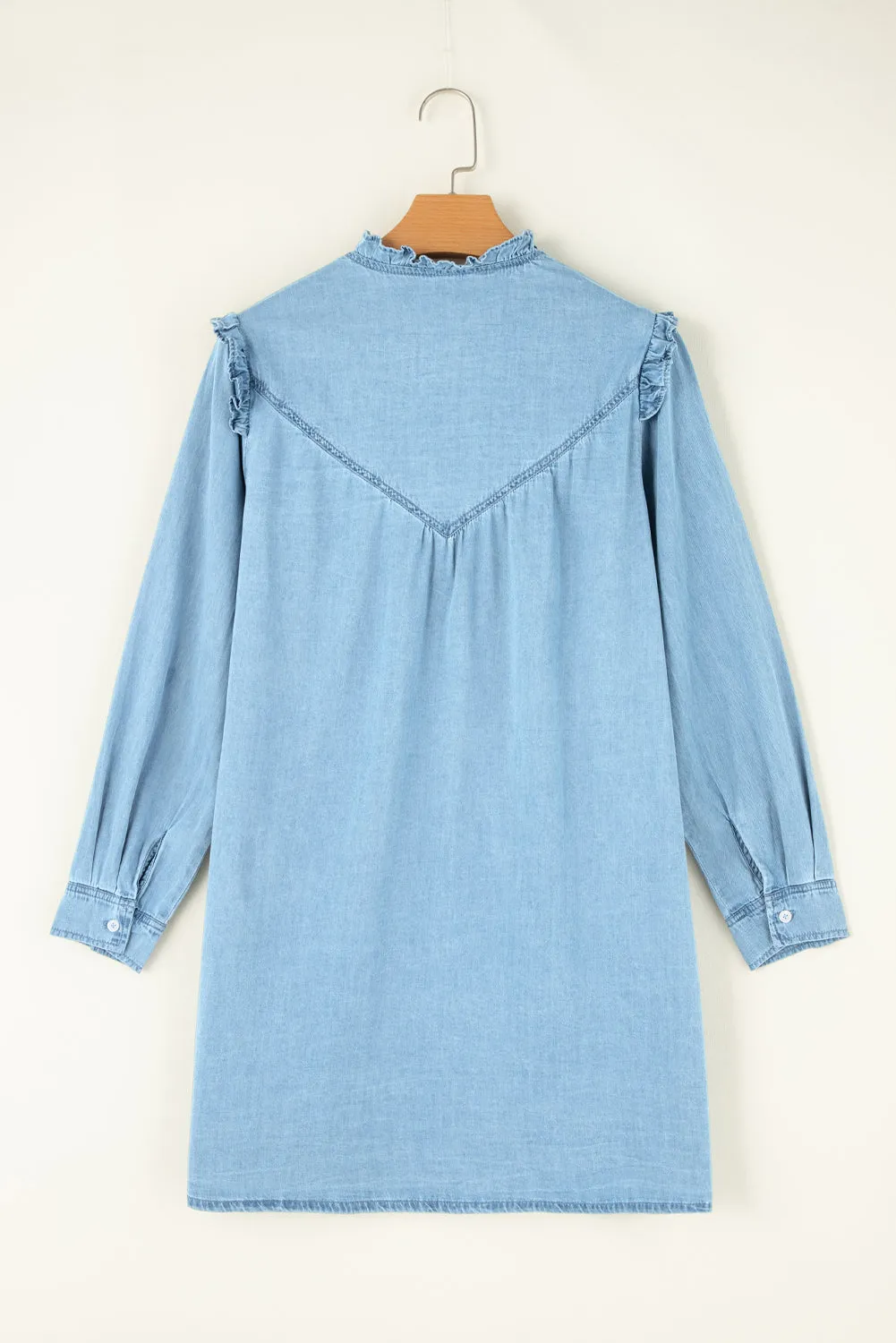 Ruffled V Neck Denim Shift Dress with Button Down Front