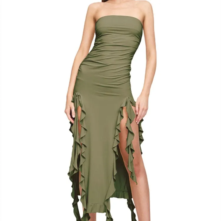 Sexy Strapless Off Shoulder Midi Dress Women Ruffles Split Beach Dress Summer Slim Fit Party Female