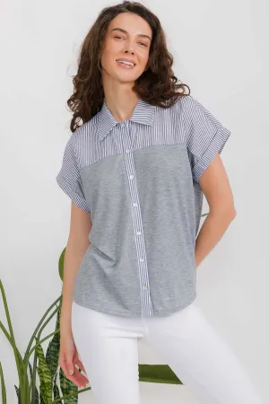 SHORT SLEEVE MIX MEDIA BUTTON FRONT BOXY SHIRT
