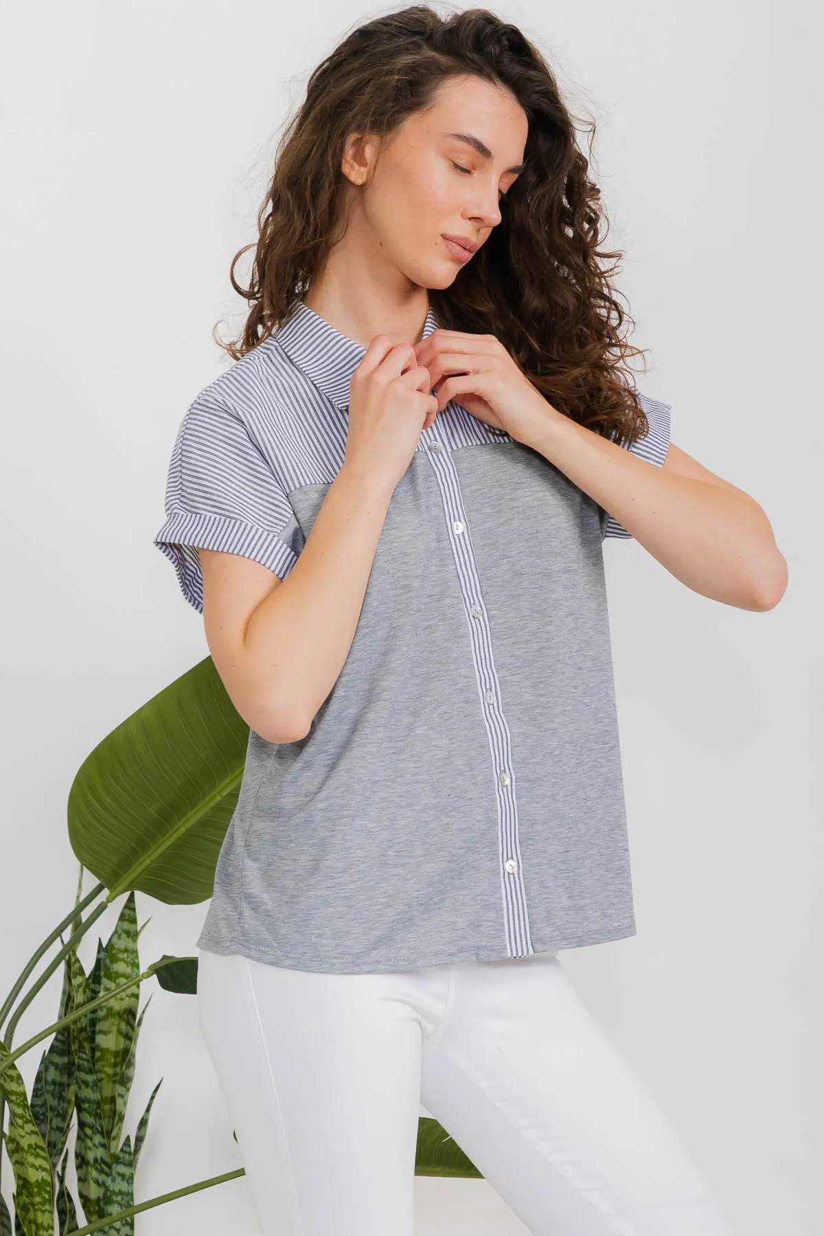 SHORT SLEEVE MIX MEDIA BUTTON FRONT BOXY SHIRT