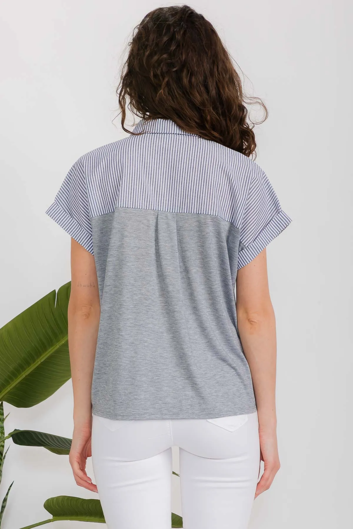 SHORT SLEEVE MIX MEDIA BUTTON FRONT BOXY SHIRT