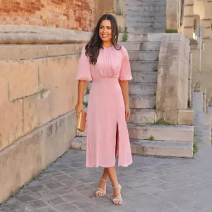 Short Sleeves Pink Evening Dresses Satin Wedding Party Wear Prom Dresses A-Line Simple Women Birthday Dresses
