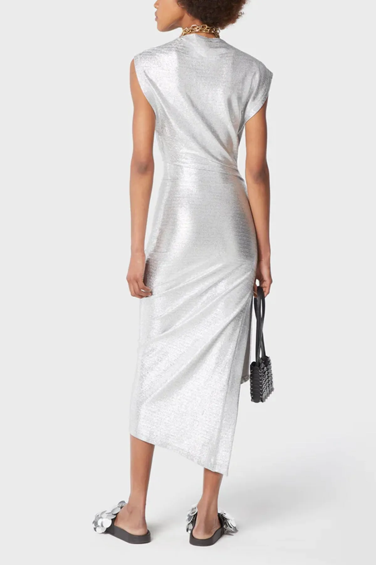 Side Gathered-Detail Midi Dress in Silver