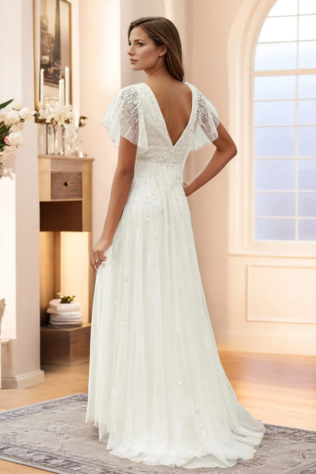 Simple Beading V Neck Short Sleeve Lace Wedding Dress