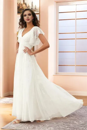 Simple Beading V Neck Short Sleeve Lace Wedding Dress
