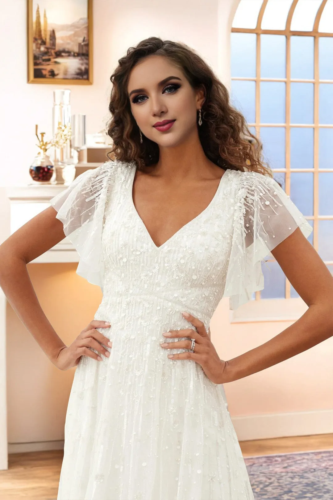 Simple Beading V Neck Short Sleeve Lace Wedding Dress