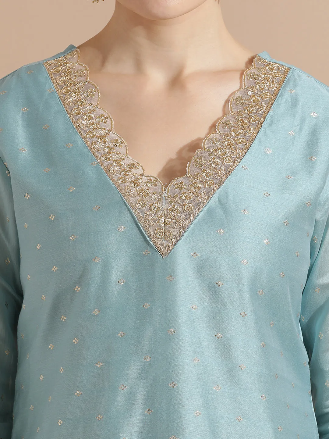 Sky Blue Chanderi Woven Festive Kurta Set With Dupatta
