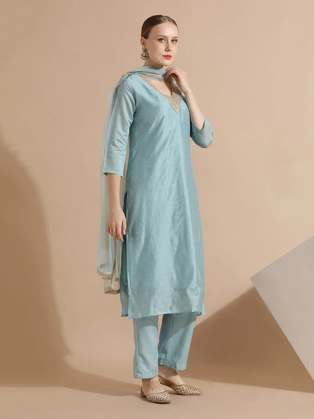 Sky Blue Chanderi Woven Festive Kurta Set With Dupatta