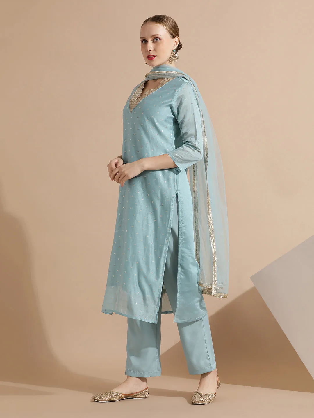 Sky Blue Chanderi Woven Festive Kurta Set With Dupatta