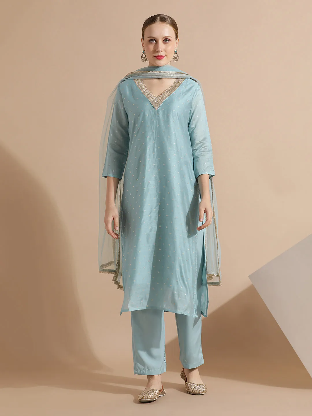 Sky Blue Chanderi Woven Festive Kurta Set With Dupatta