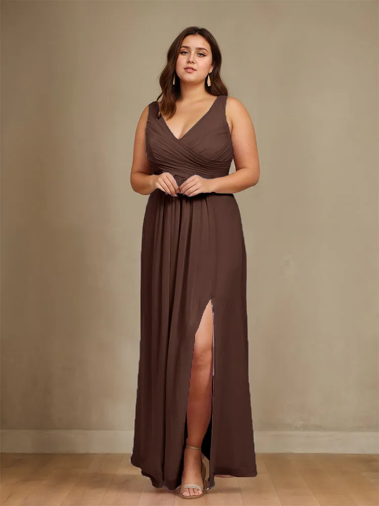 Sleeveless Slit Straps Chiffon Plus Size Bridesmaid Dress