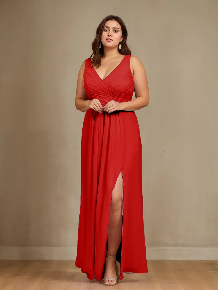 Sleeveless Slit Straps Chiffon Plus Size Bridesmaid Dress