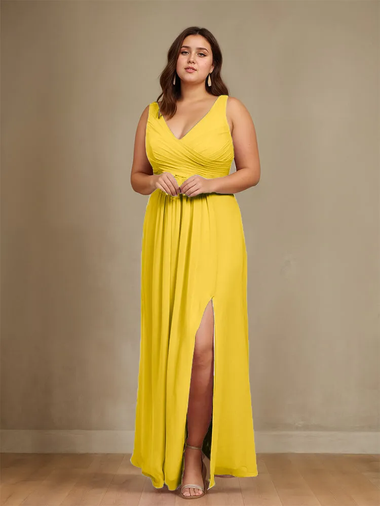 Sleeveless Slit Straps Chiffon Plus Size Bridesmaid Dress