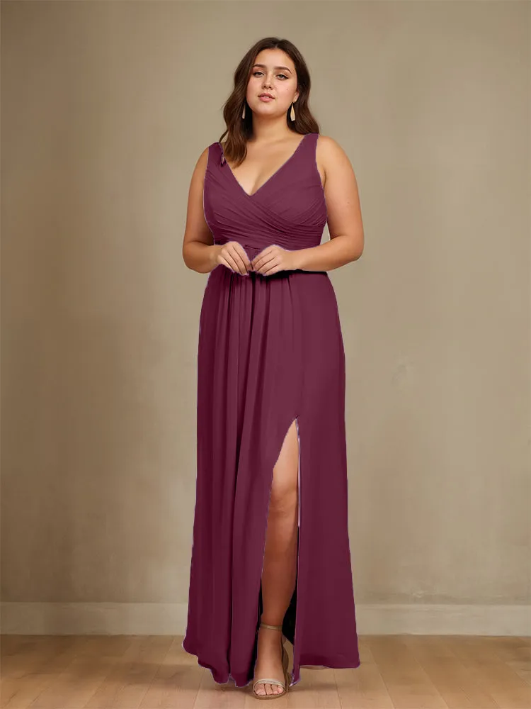Sleeveless Slit Straps Chiffon Plus Size Bridesmaid Dress