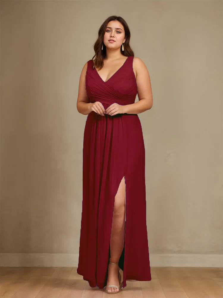Sleeveless Slit Straps Chiffon Plus Size Bridesmaid Dress
