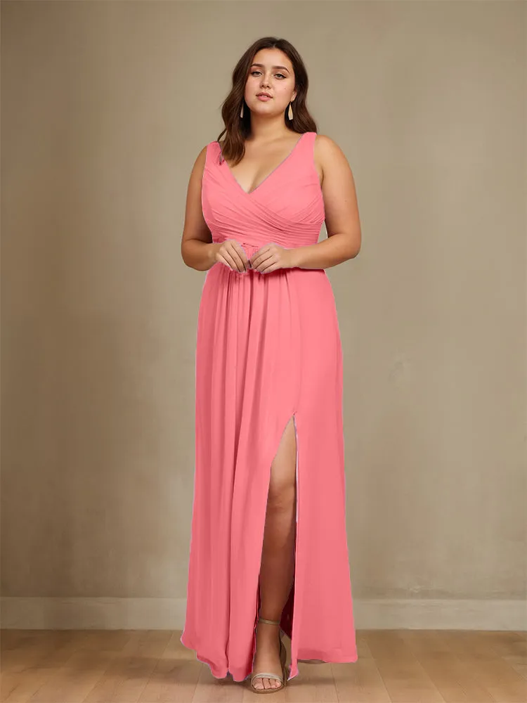 Sleeveless Slit Straps Chiffon Plus Size Bridesmaid Dress