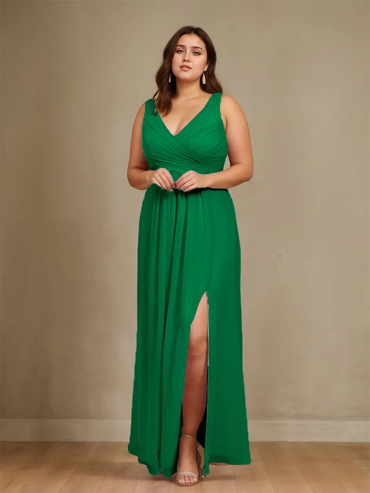Sleeveless Slit Straps Chiffon Plus Size Bridesmaid Dress
