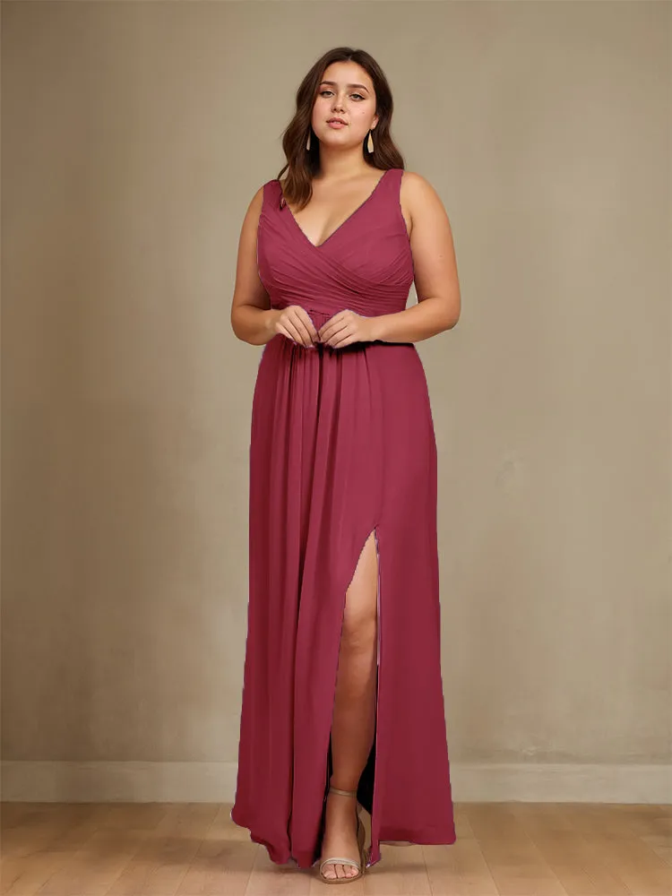 Sleeveless Slit Straps Chiffon Plus Size Bridesmaid Dress