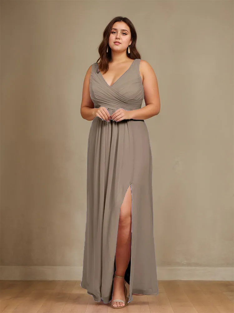 Sleeveless Slit Straps Chiffon Plus Size Bridesmaid Dress