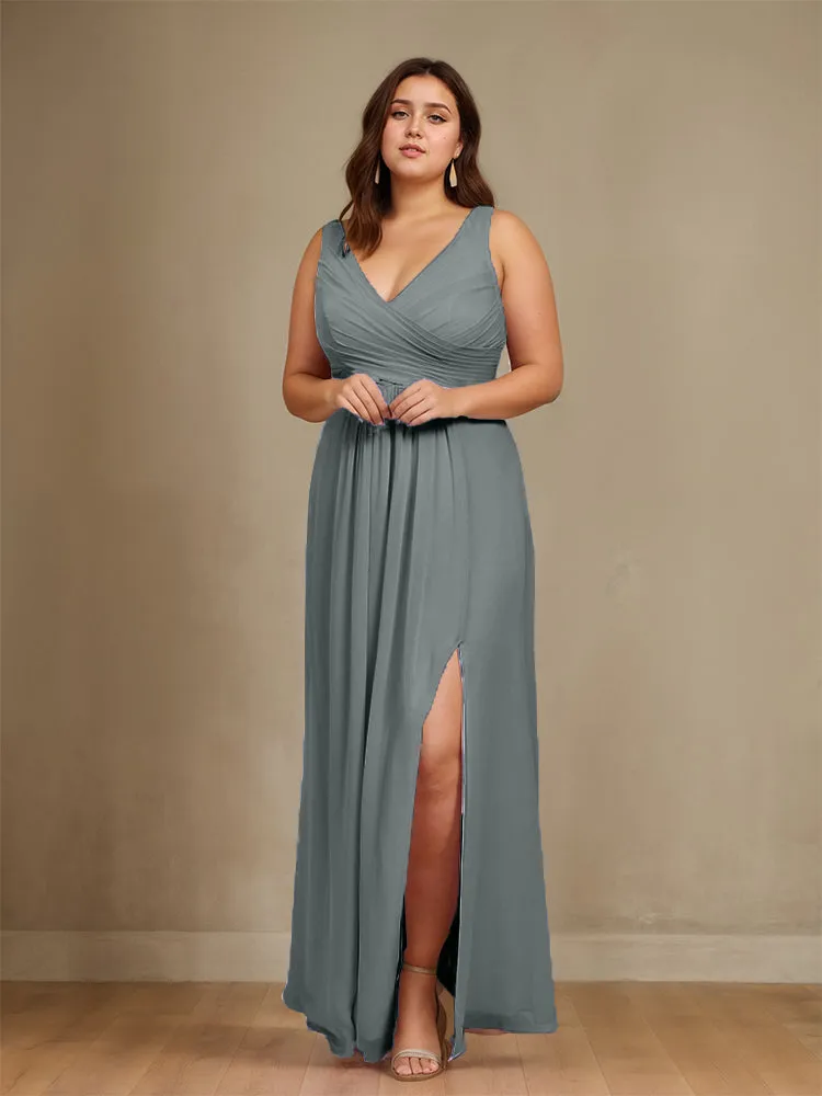 Sleeveless Slit Straps Chiffon Plus Size Bridesmaid Dress