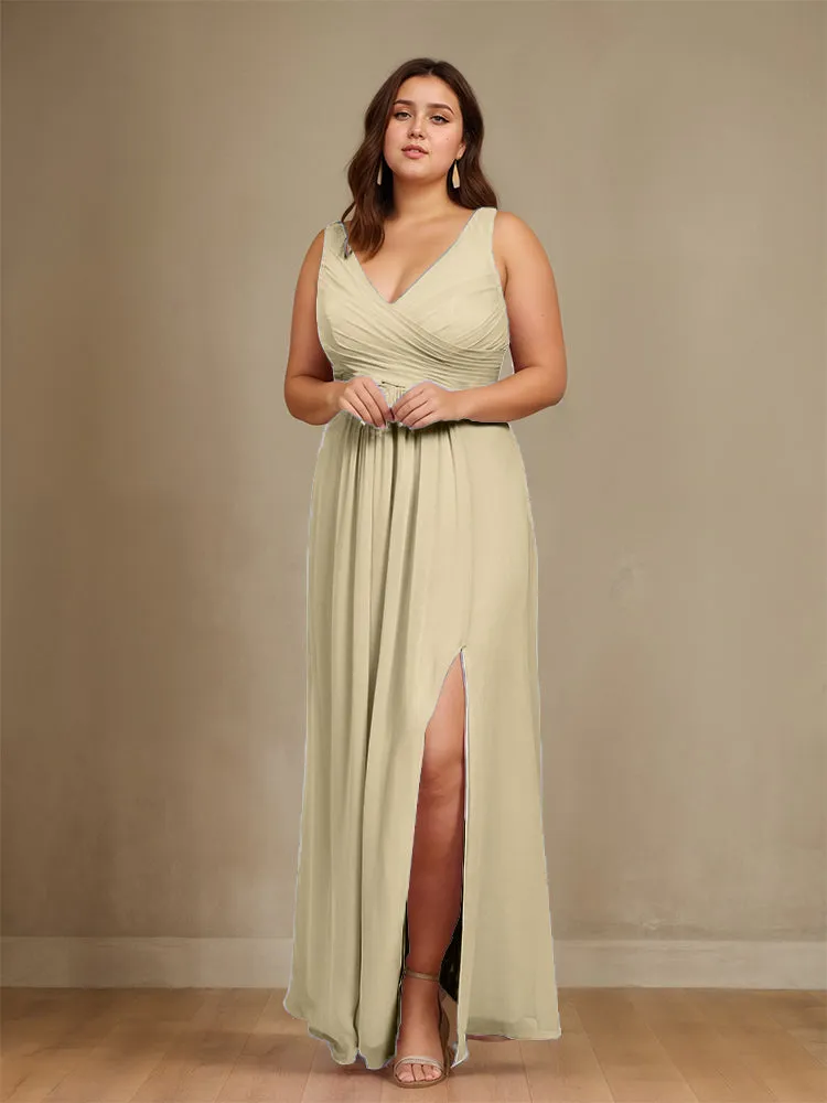 Sleeveless Slit Straps Chiffon Plus Size Bridesmaid Dress