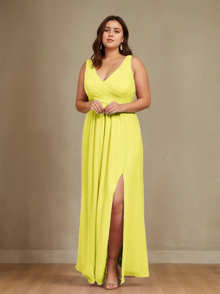 Sleeveless Slit Straps Chiffon Plus Size Bridesmaid Dress