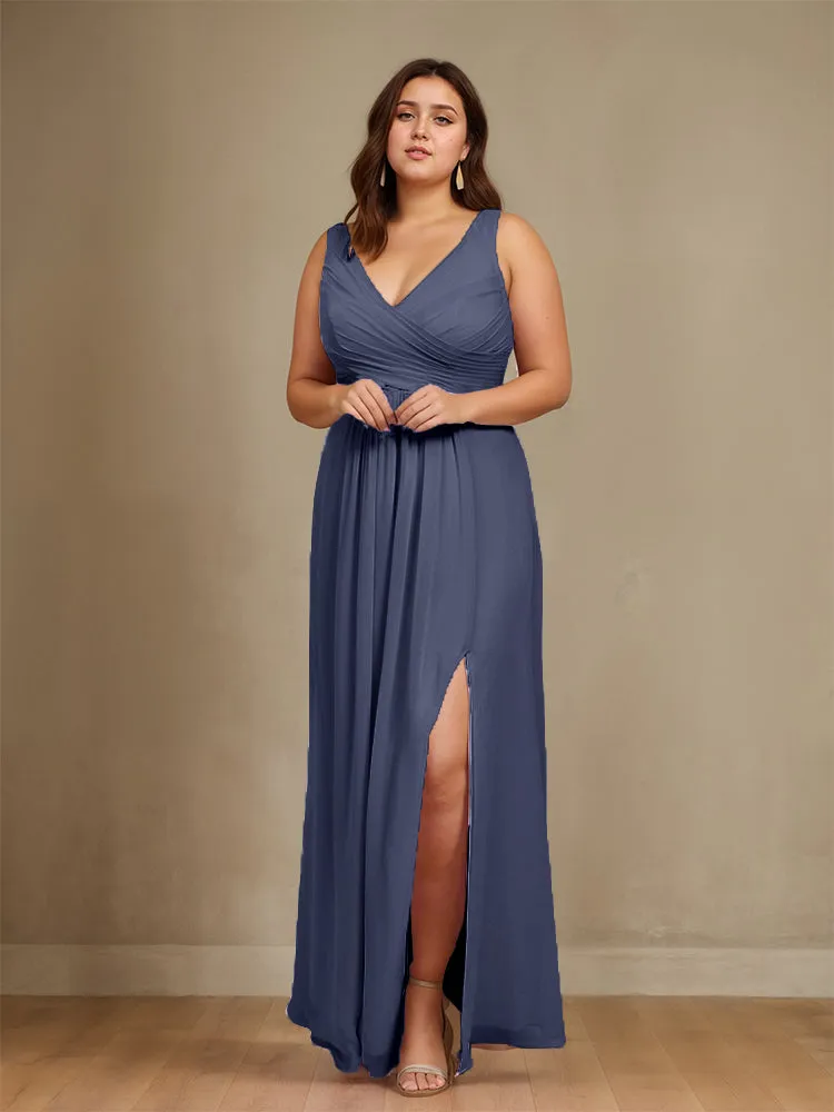 Sleeveless Slit Straps Chiffon Plus Size Bridesmaid Dress