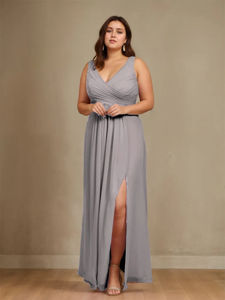 Sleeveless Slit Straps Chiffon Plus Size Bridesmaid Dress