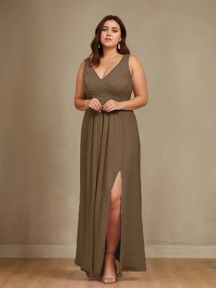 Sleeveless Slit Straps Chiffon Plus Size Bridesmaid Dress